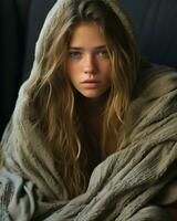 a young woman wrapped in a blanket generative ai photo