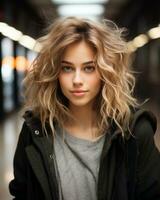 beautiful young woman with curly hair in an urban area generative ai photo