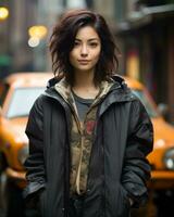 an asian woman standing in front of an old car generative ai photo