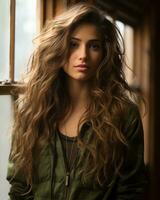 beautiful young woman with long curly hair standing in front of a window generative ai photo