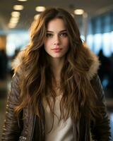 beautiful young woman with long hair in an airport generative ai photo