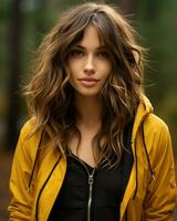 beautiful young woman with long wavy hair wearing a yellow jacket in the woods generative ai photo