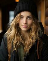 retrato de un hermosa joven mujer en un invierno sombrero generativo ai foto
