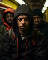 three young men in hoodies sitting on a subway train generative ai photo