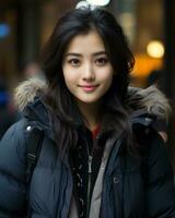 young asian woman in winter jacket generative ai photo