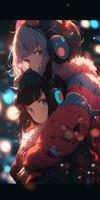 anime couple hugging each other with headphones on. generative ai. photo