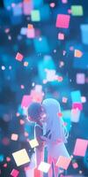 anime couple kissing in front of a colorful background with lots of confetti. generative ai. photo