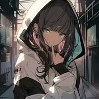 anime girl in a hoodie standing in a narrow alley. generative ai. photo