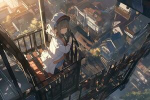 anime girl sitting on a balcony looking out over a city. generative ai. photo