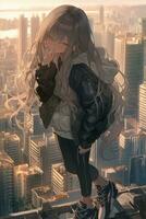 anime girl standing on ledge overlooking cityscape with buildings in background. generative ai. photo