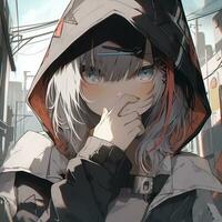 anime girl with hood on looking at camera in urban area. generative ai. photo