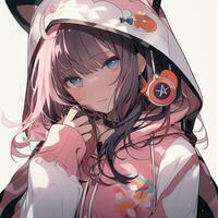 anime girl with pink hair and a hoodie with a clock on her head. generative ai. photo