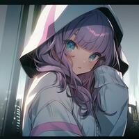 anime girl with purple hair and hoodie looking at camera. generative ai. photo