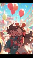 cartoon illustration of a couple hugging each other in a carnival. generative ai. photo