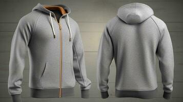 a close up of a gray hoodie with a zipper on the front and a zipper on the back. generative ai. photo