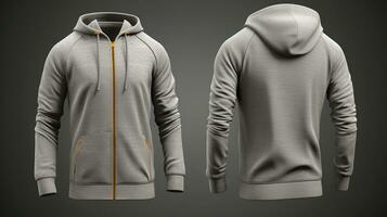 a close up of a gray hoodie with a zipper on the front and back. generative ai. photo