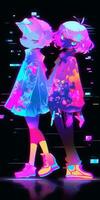 two anime girls are standing next to each other in neon lights. generative ai. photo