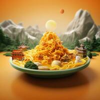 there is a plate of noodles with a mountain in the background. generative ai. photo