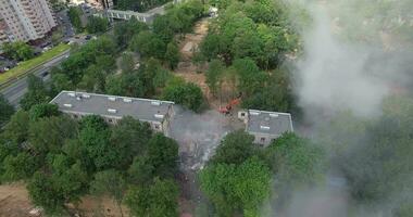 An aerial view of a residential building in the process of demolition video