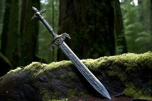 un cerca arriba de un espada en un rock en un bosque. generativo ai. foto