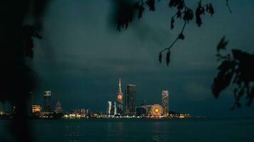 Batumi at night. View of the coastal city from afar against the background of leaves in contrast photo