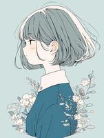 profile, short hair, AI art, anime girls, minimalism, earring, simple  background, digital art