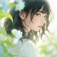 anime girl with long black hair and blue eyes standing in a field of flowers. generative ai. photo