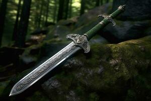 arafa espada en un rock en el bosque con musgo. generativo ai. foto