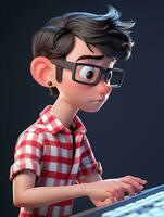 dibujos animados chico en lentes utilizando un computadora teclado con un negro antecedentes. generativo ai. foto