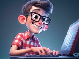 dibujos animados chico con lentes mecanografía en un computadora teclado. generativo ai. foto