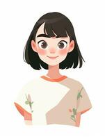 cartoon girl with black hair and brown eyes wearing a white shirt. generative ai. photo