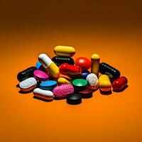 allí son muchos diferente de colores pastillas y pastillas en un amarillo antecedentes. generativo ai. foto