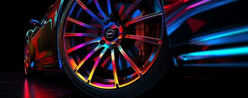 a close up of a car with a colorful wheel on a black background. generative ai. photo