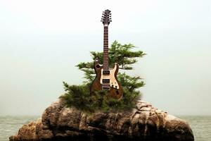 there is a guitar sitting on top of a rock in the water. generative ai. photo