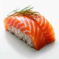 allí es un pedazo de salmón en un blanco plato con un puntilla de eneldo. generativo ai. foto