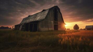 arafed barn in a field with a sunset in the background. generative ai. photo