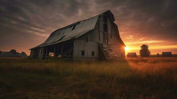arafed barn in a field with a sunset in the background. generative ai. photo