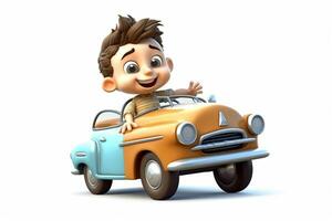 cartoon boy driving a car with a smile on his face. generative ai. photo
