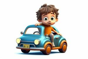 cartoon boy sitting on a toy car with a big smile. generative ai. photo