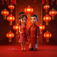 cartoon couple in traditional chinese dress standing in front of lanterns. generative ai. photo