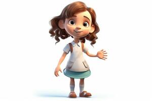cartoon girl with brown hair and a white shirt and blue skirt. generative ai. photo