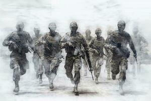 soldados corriendo en un línea mediante el nieve con su armas generativo ai. foto