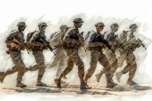 soldados son caminando en un línea en el lluvia. generativo ai. foto
