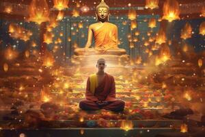 allí es un hombre sentado en un meditación posición en frente de un Buda estatua. generativo ai. foto