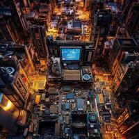 a close up of a computer on a computer motherboard in a city. generative ai. photo