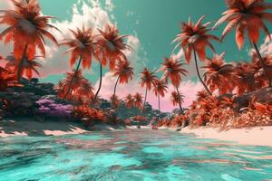 there is a picture of a tropical beach with palm trees. generative ai. photo