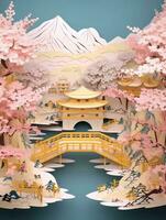 there is a paper cut of a japanese landscape with a bridge. generative ai. photo