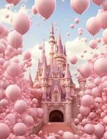 a close up of a castle with many pink balloons in the air. generative ai. photo