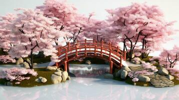 there is a bridge over a pond with pink trees in the background. generative ai. photo