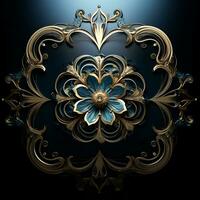 a close up of a gold and blue flower on a black background. generative ai. photo